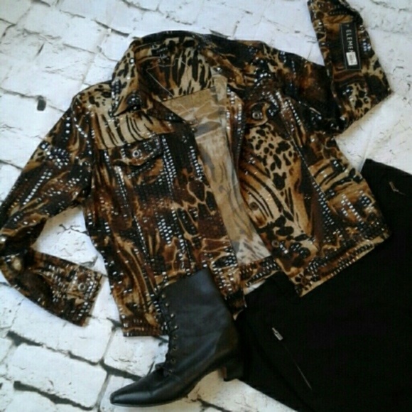 Trending! NWT! Elementz embellished jungle print jacket/top, Sz Medium - Picture 1 of 8